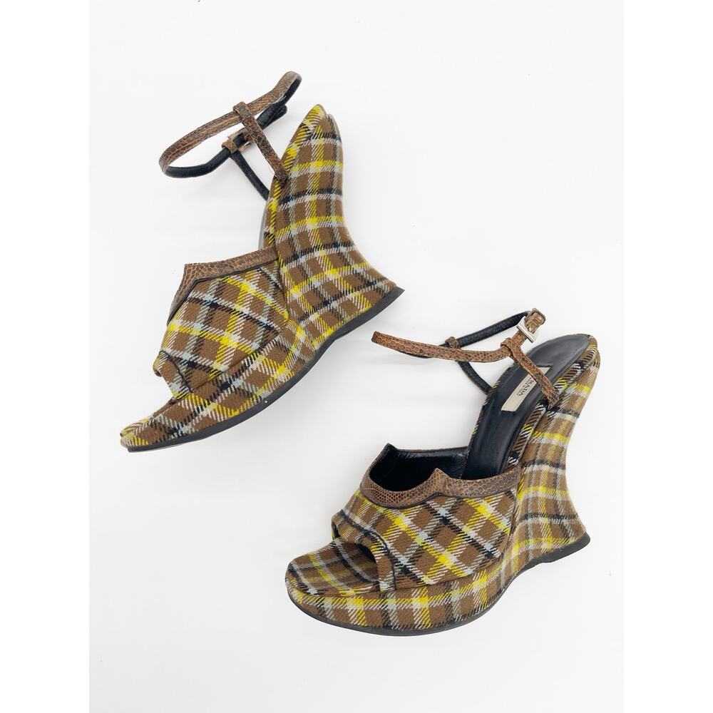 Prada Fall 2004 Runway Brown Yellow Plaid Preppy Sculptural Wedge Sandals IT 35 - Picture 6 of 13